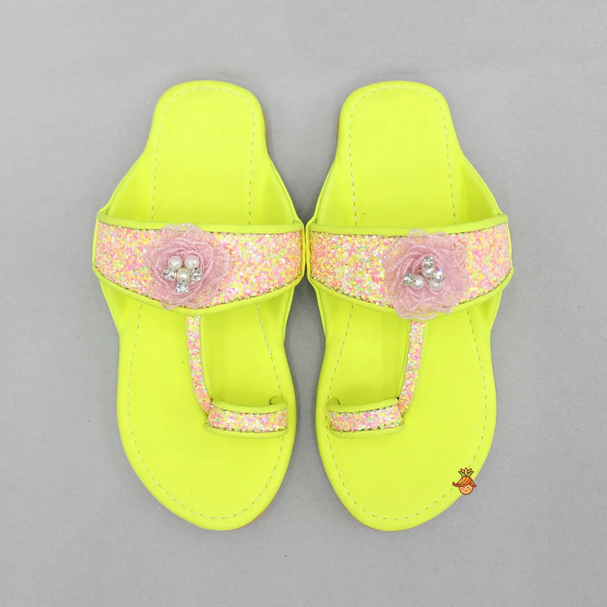 Multicoloured Hand Embroidered Flower Strap Green Kolhapuri Flats