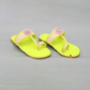 Multicoloured Hand Embroidered Flower Strap Green Kolhapuri Flats