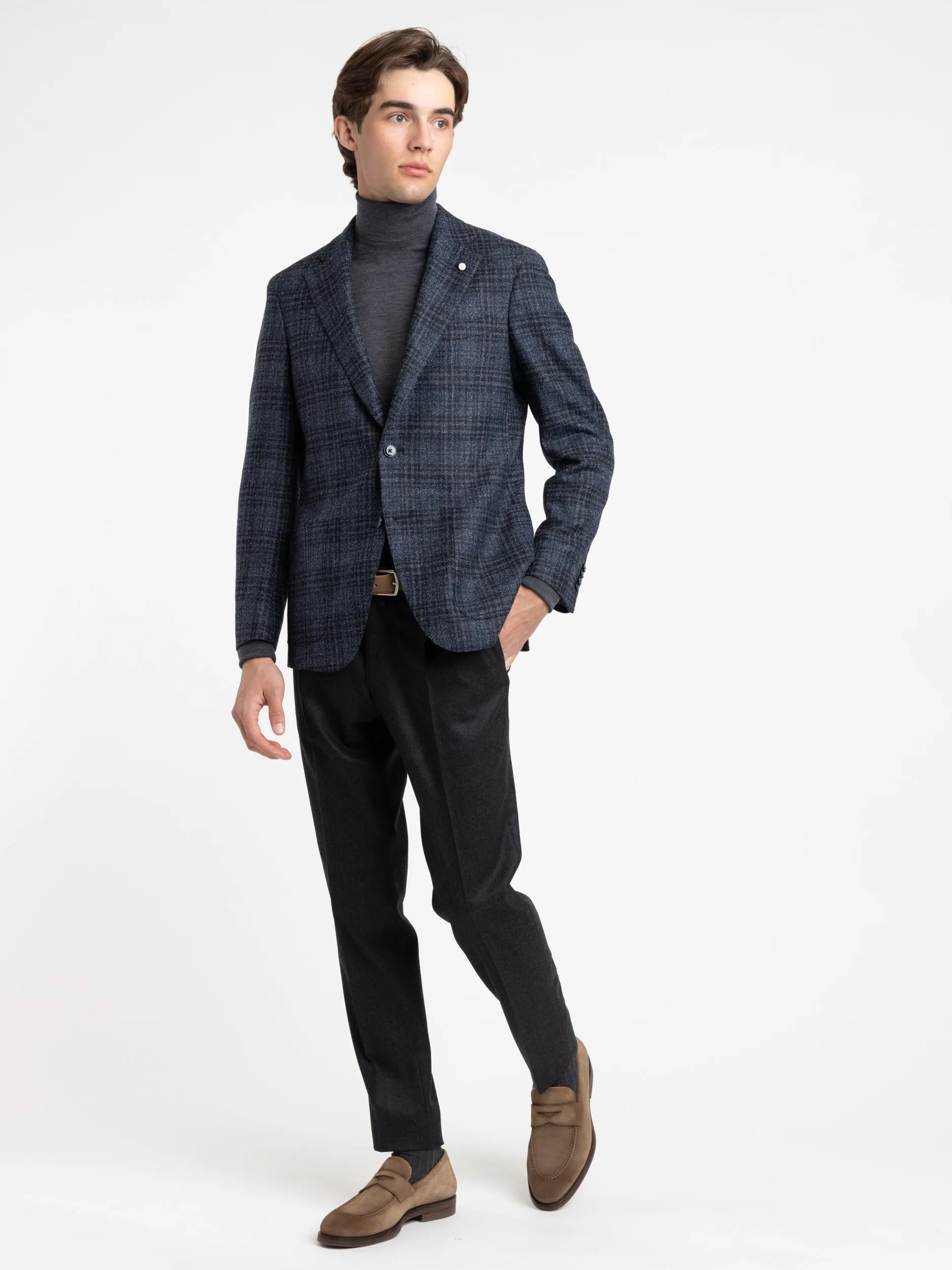 Navy Check Wool-Blend Sport Jacket