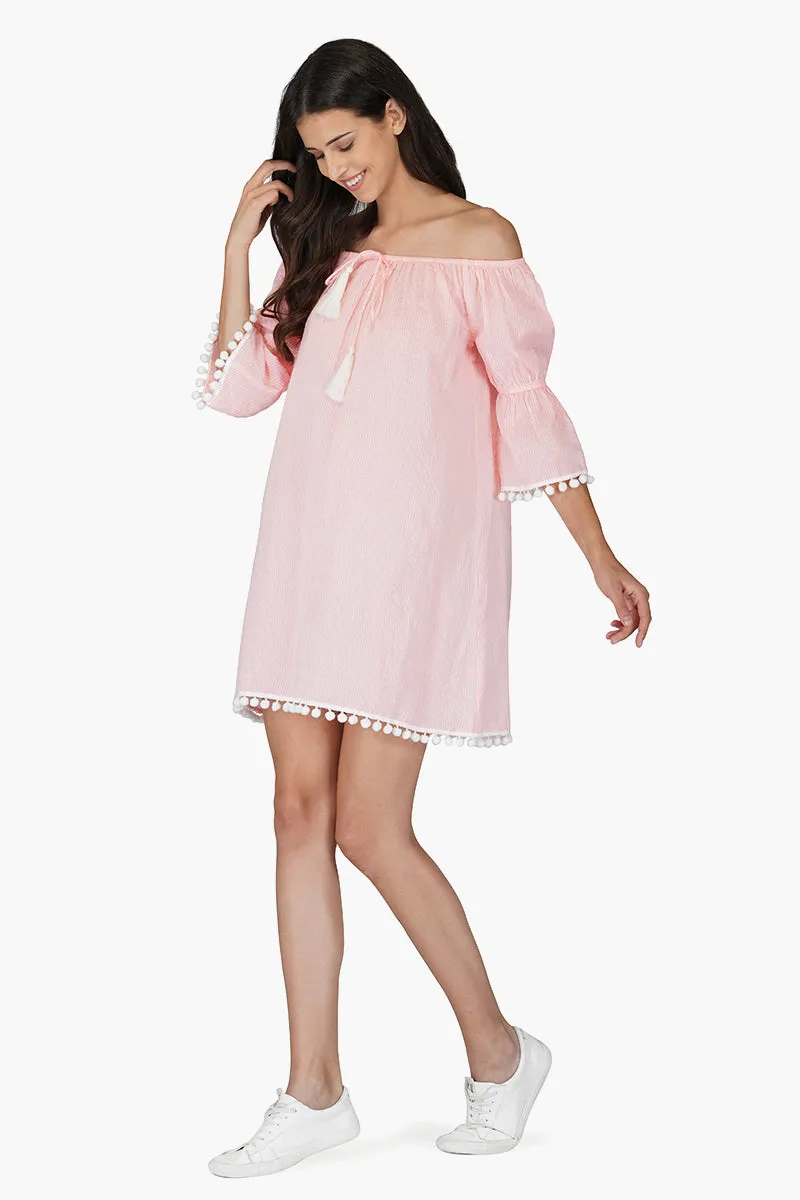 Neon Pink Searsucker Off Shoulder Dress