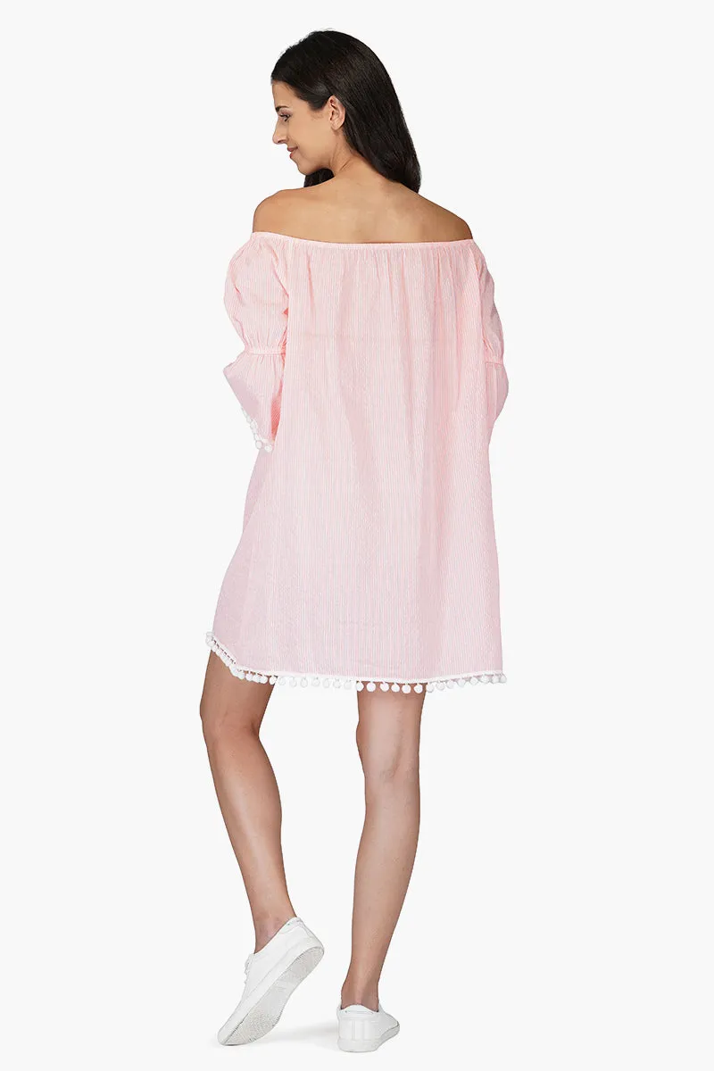 Neon Pink Searsucker Off Shoulder Dress