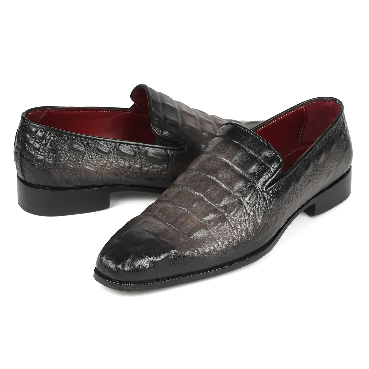 Paul Parkman 5576-GRY Men's Shoes Gray Crocodile Print Slip-On Loafers (PM6385)