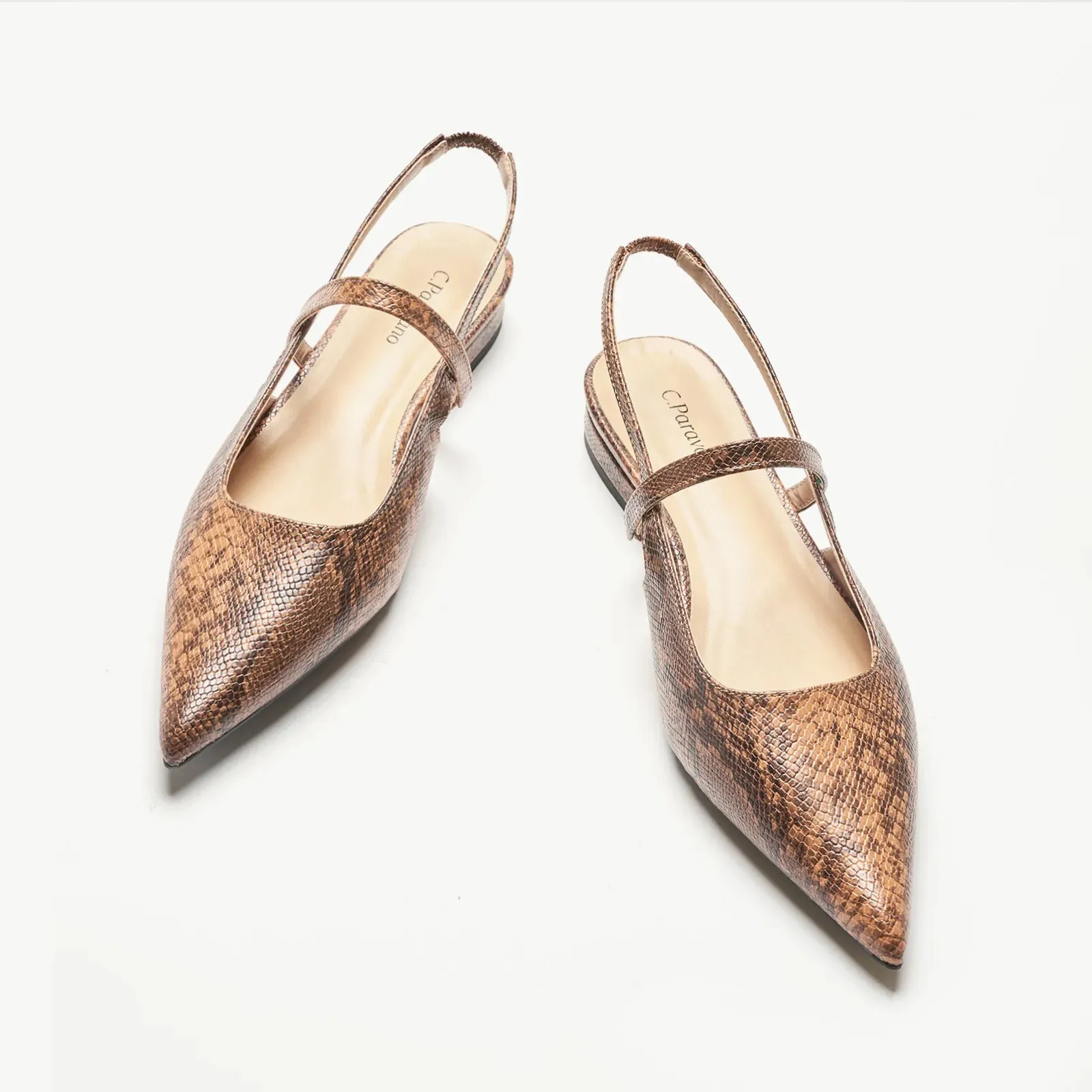 Pointed Toe Snakeskin Slingback Flats (Freya) Brown Snake