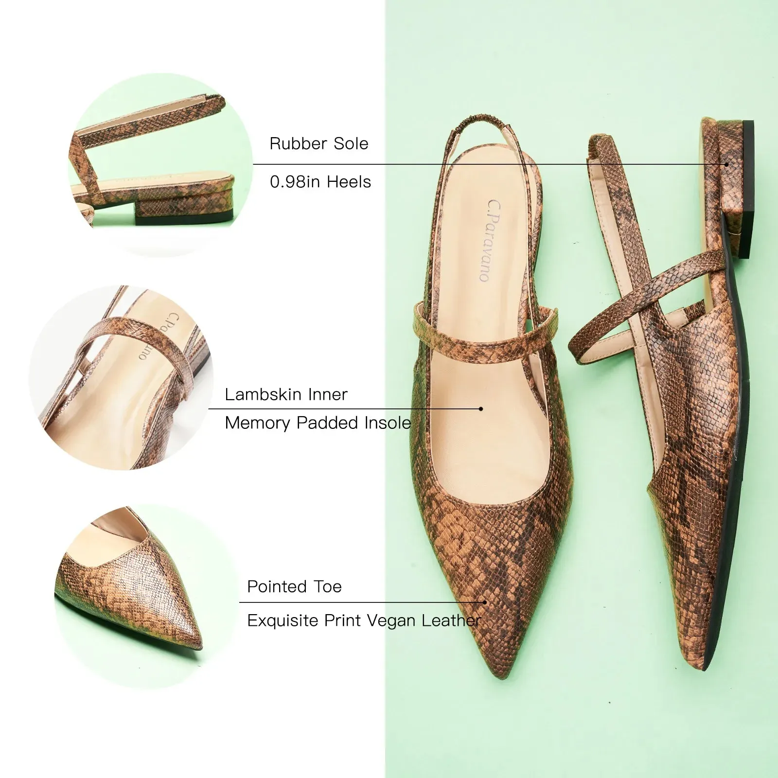 Pointed Toe Snakeskin Slingback Flats (Freya) Brown Snake