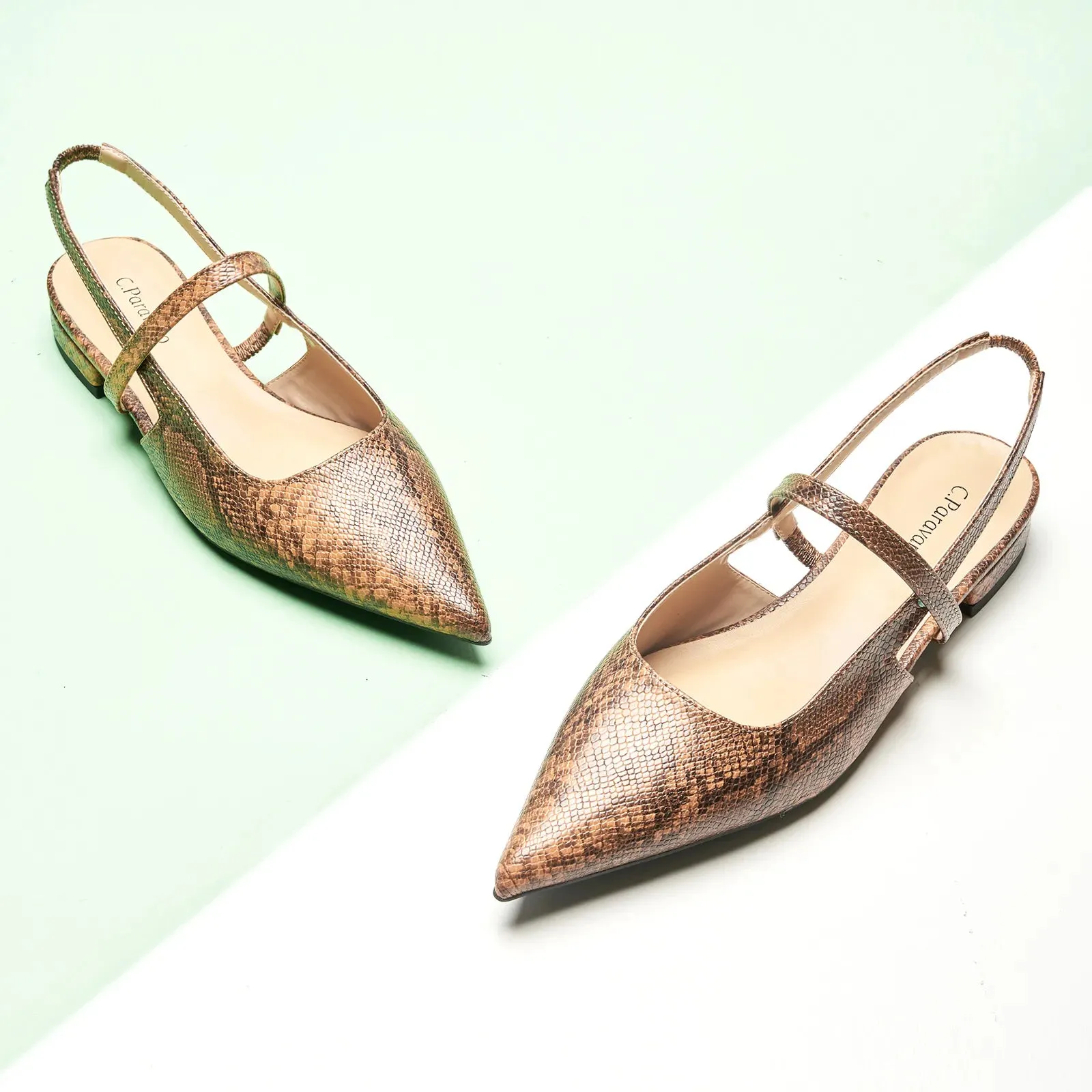 Pointed Toe Snakeskin Slingback Flats (Freya) Brown Snake