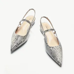 Pointed Toe Snakeskin Slingback Flats (Freya) Grey Snake