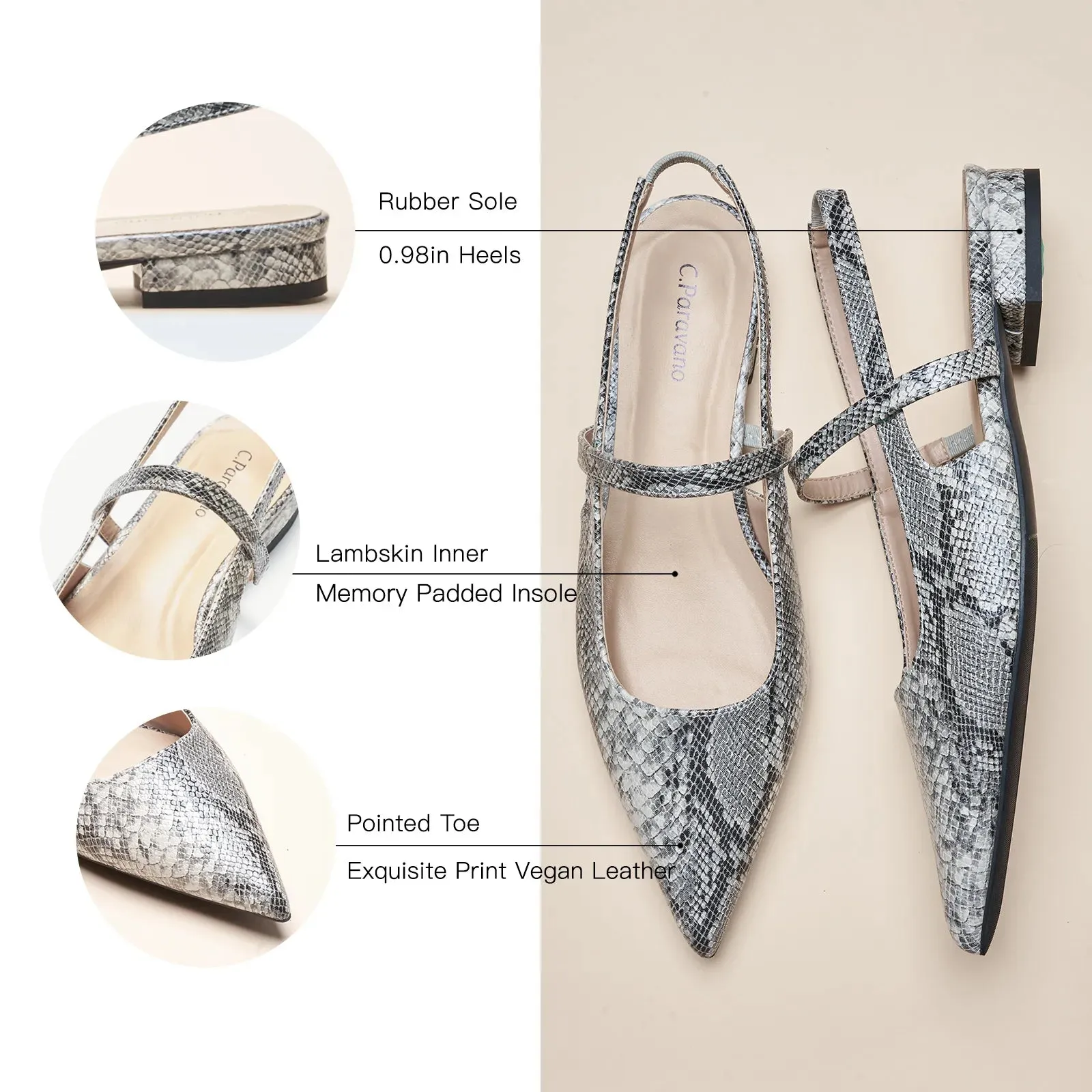 Pointed Toe Snakeskin Slingback Flats (Freya) Grey Snake