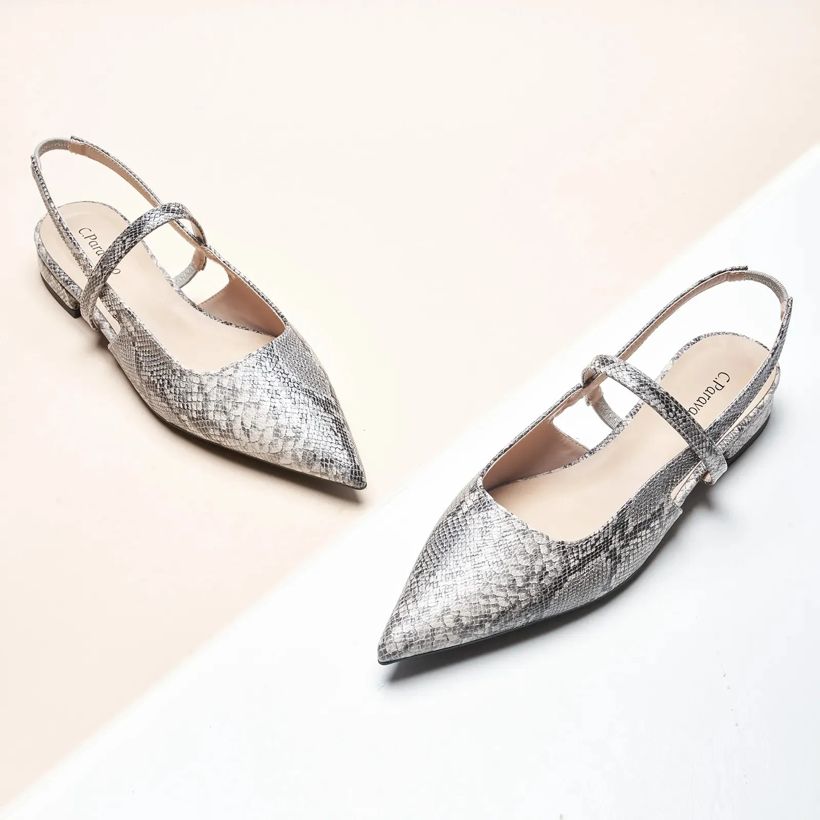 Pointed Toe Snakeskin Slingback Flats (Freya) Grey Snake