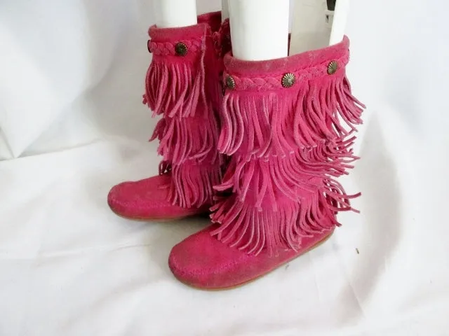 Preschool Girls MINNETONKA Suede Fringe Boot Moccasin Hippie PINK 13 Tiered