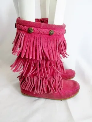 Preschool Girls MINNETONKA Suede Fringe Boot Moccasin Hippie PINK 13 Tiered