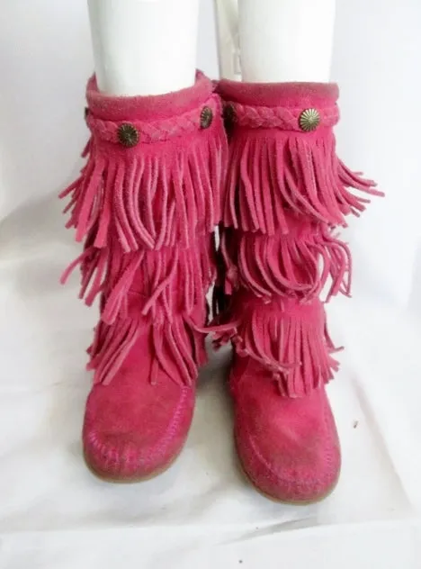 Preschool Girls MINNETONKA Suede Fringe Boot Moccasin Hippie PINK 13 Tiered