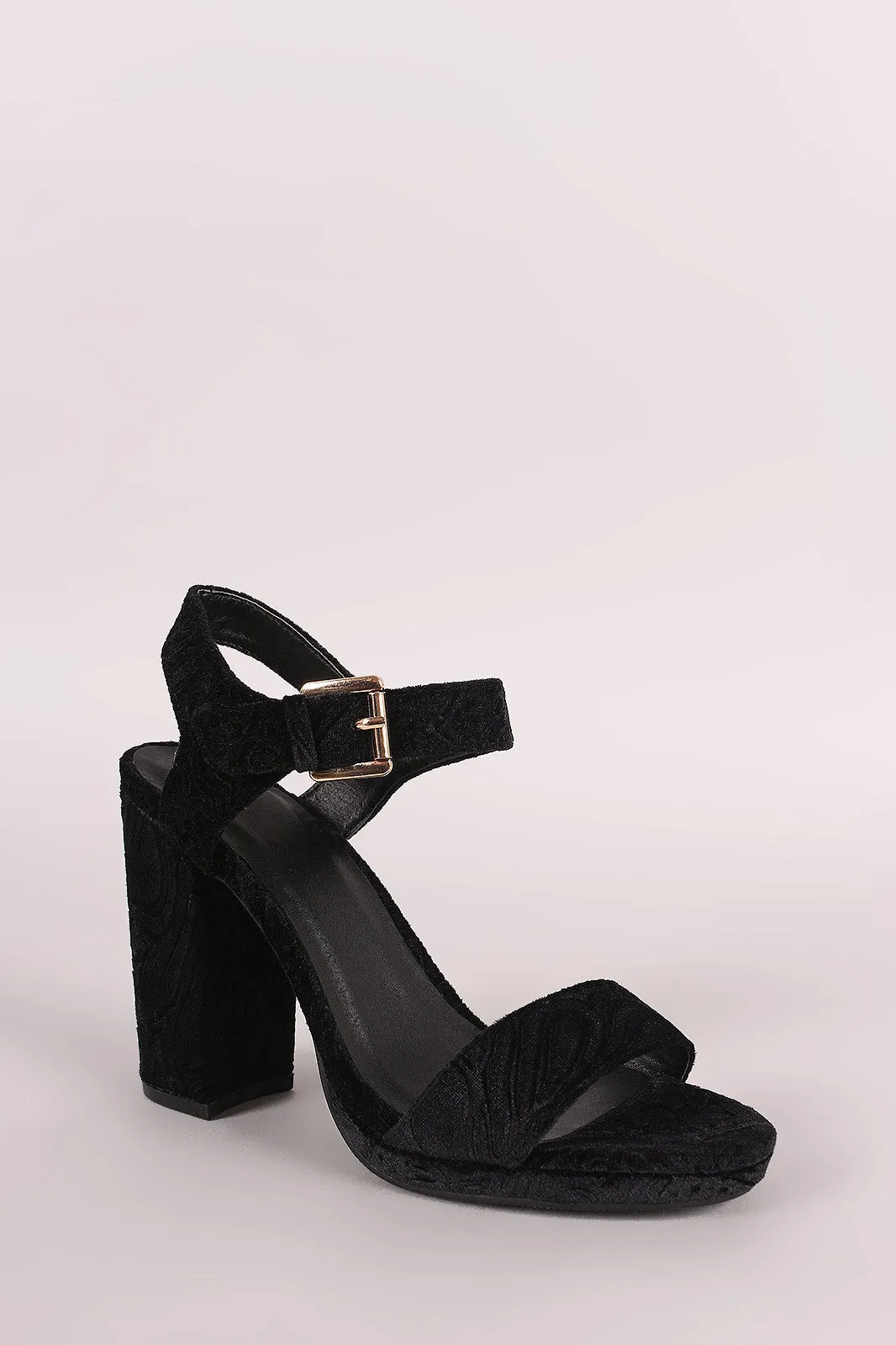 Qupid Embossed Velvet Ankle Strap Chunky Heel