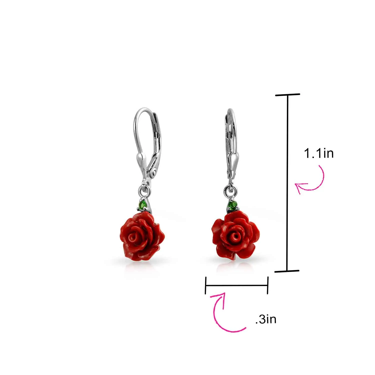 Romantic Floral 3D Rose Dangle Chandelier Earrings with Green CZ in Sterling Silver