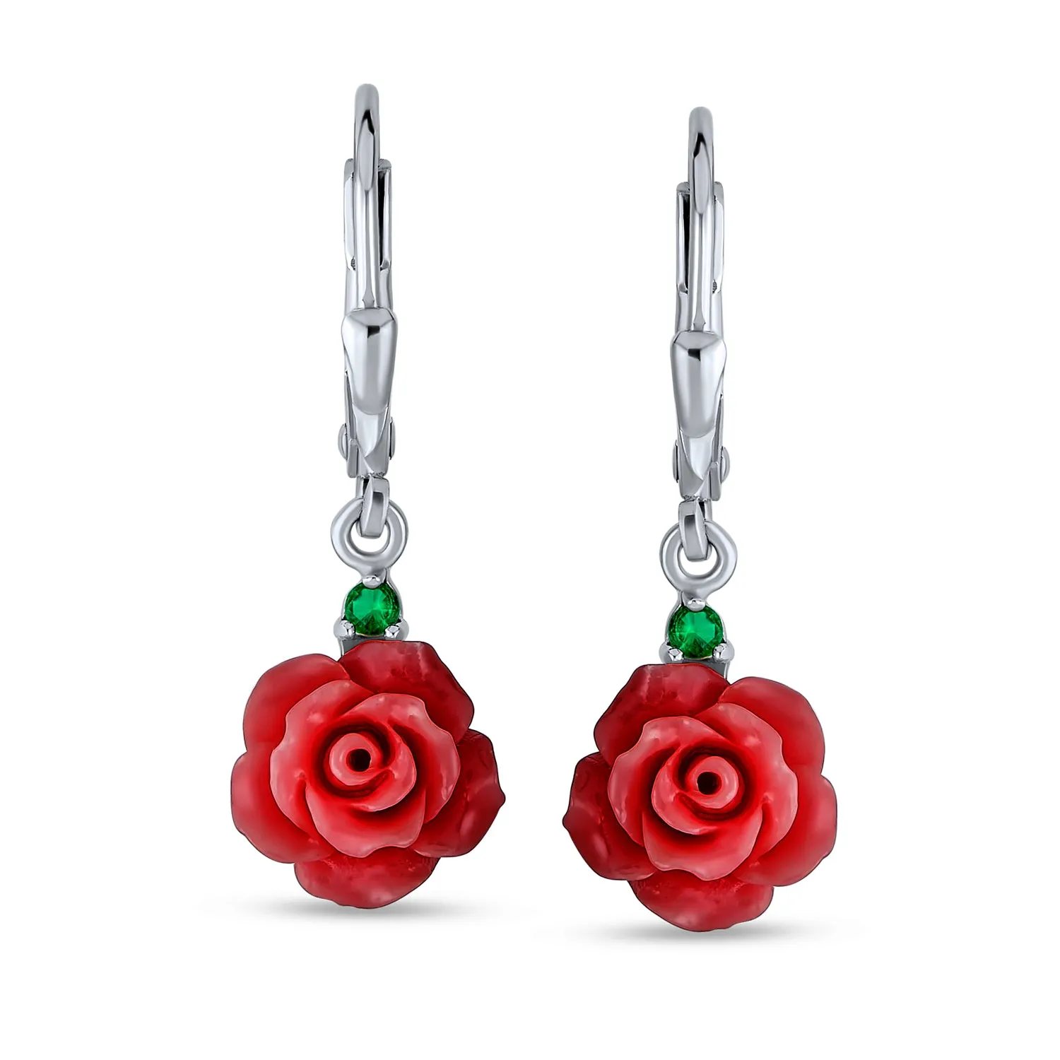 Romantic Floral 3D Rose Dangle Chandelier Earrings with Green CZ in Sterling Silver