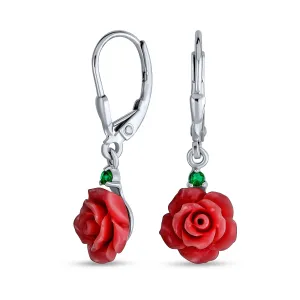 Romantic Floral 3D Rose Dangle Chandelier Earrings with Green CZ in Sterling Silver