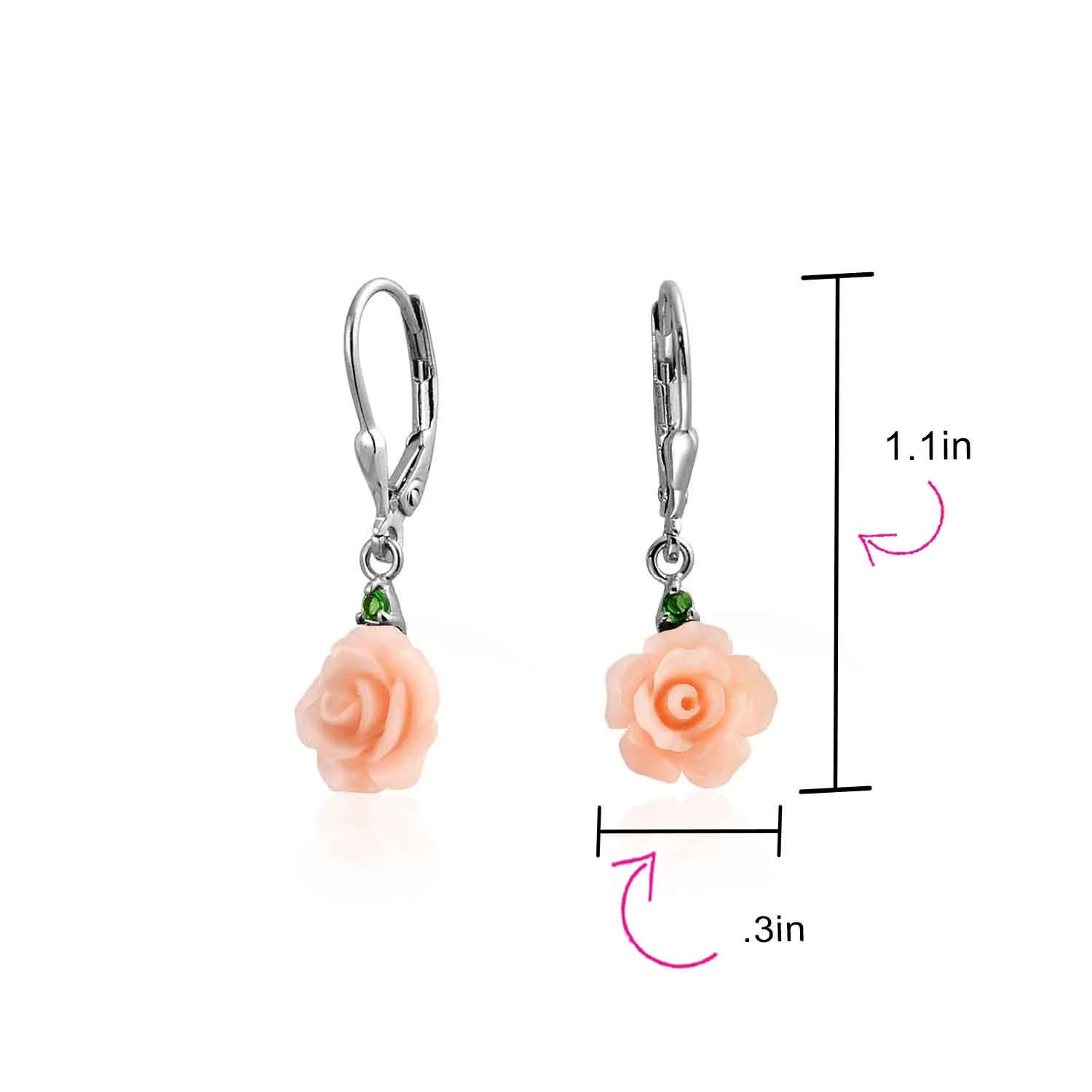 Romantic Floral 3D Rose Dangle Chandelier Earrings with Green CZ in Sterling Silver