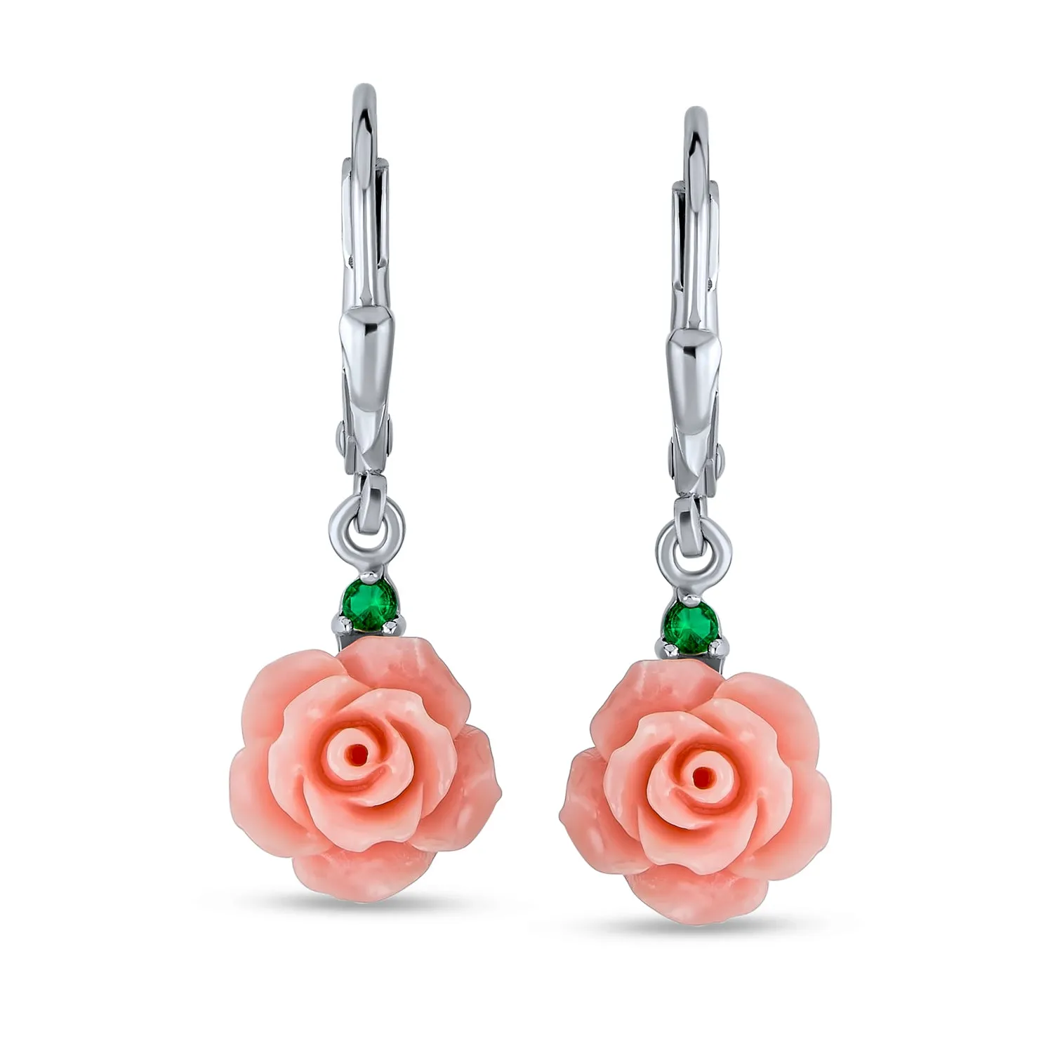 Romantic Floral 3D Rose Dangle Chandelier Earrings with Green CZ in Sterling Silver