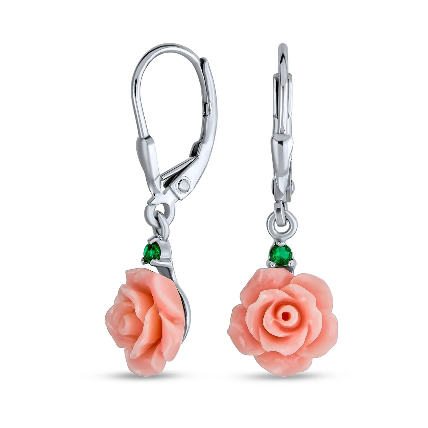 Romantic Floral 3D Rose Dangle Chandelier Earrings with Green CZ in Sterling Silver