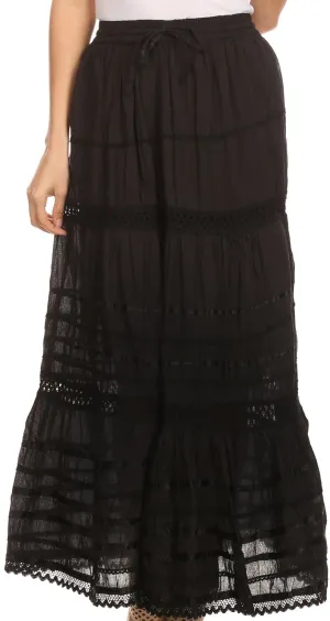 Sakkas 80123 - Gia Bohemian Adjustable Lace Embroidered Wide Lined Long Ethnic Skirt  - Black - OS