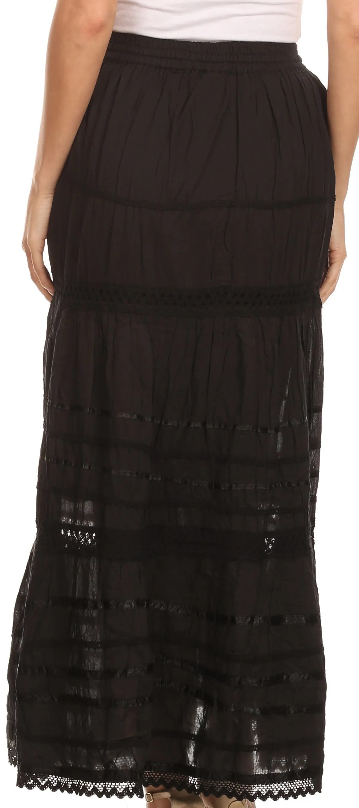 Sakkas 80123 - Gia Bohemian Adjustable Lace Embroidered Wide Lined Long Ethnic Skirt  - Black - OS