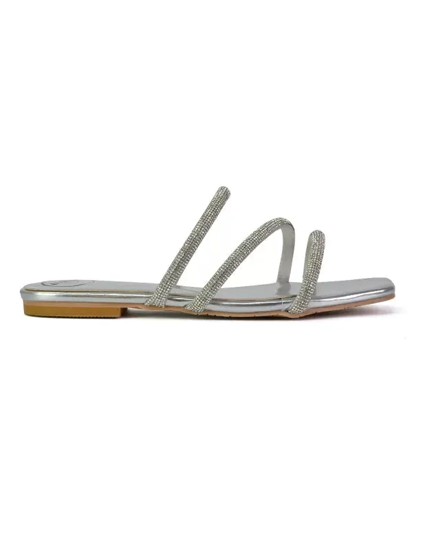 Santos Square Toe Strappy Slip On Crystal Gem Diamante Flat Sandals in Silver