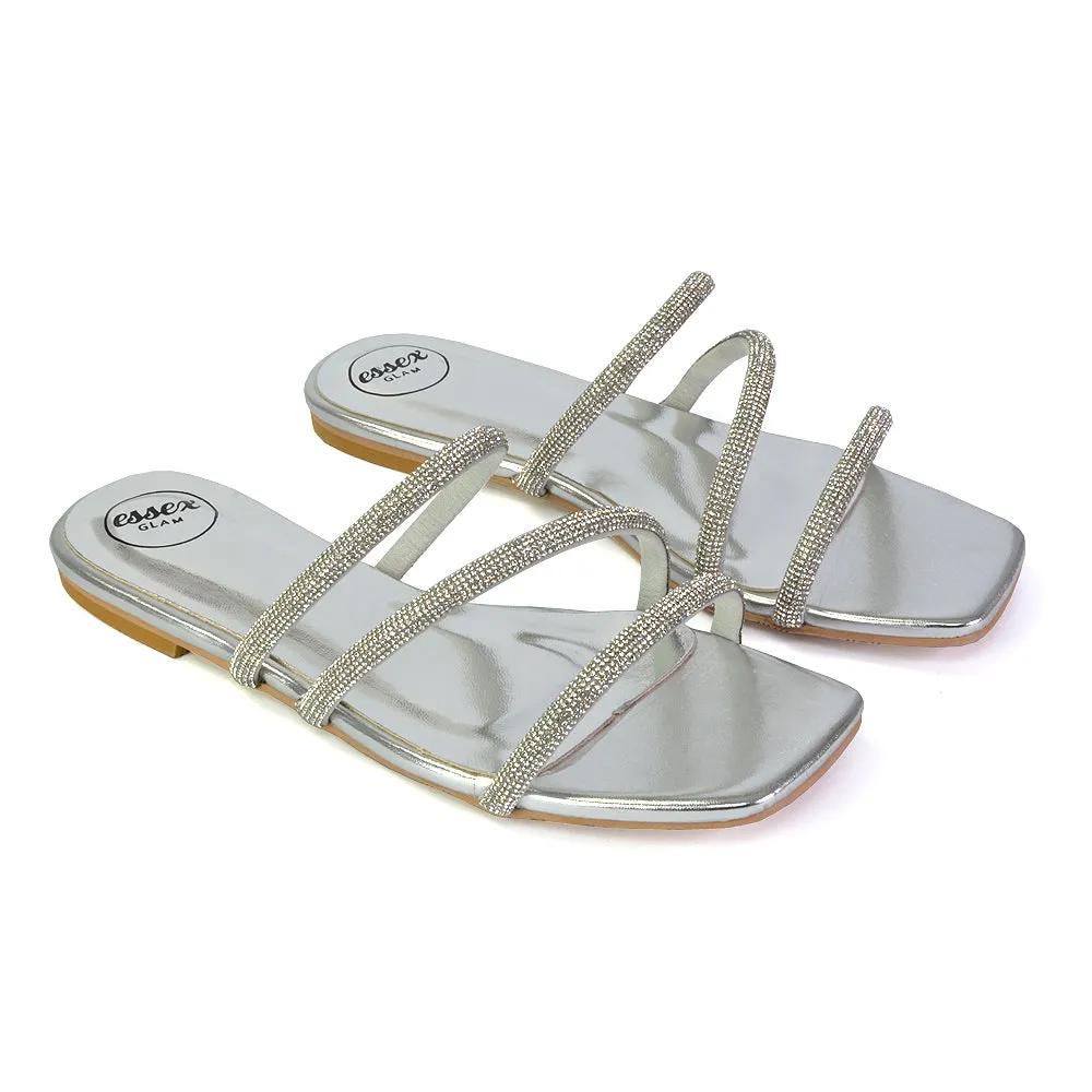 Santos Square Toe Strappy Slip On Crystal Gem Diamante Flat Sandals in Silver