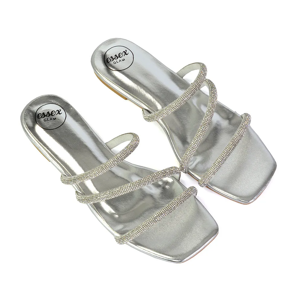 Santos Square Toe Strappy Slip On Crystal Gem Diamante Flat Sandals in Silver