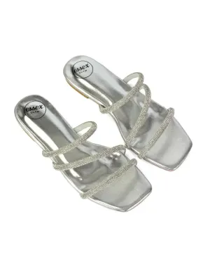 Santos Square Toe Strappy Slip On Crystal Gem Diamante Flat Sandals in Silver