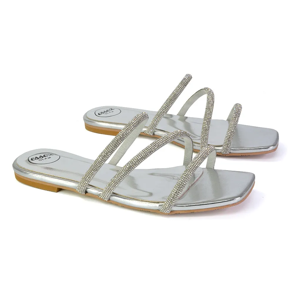 Santos Square Toe Strappy Slip On Crystal Gem Diamante Flat Sandals in Silver