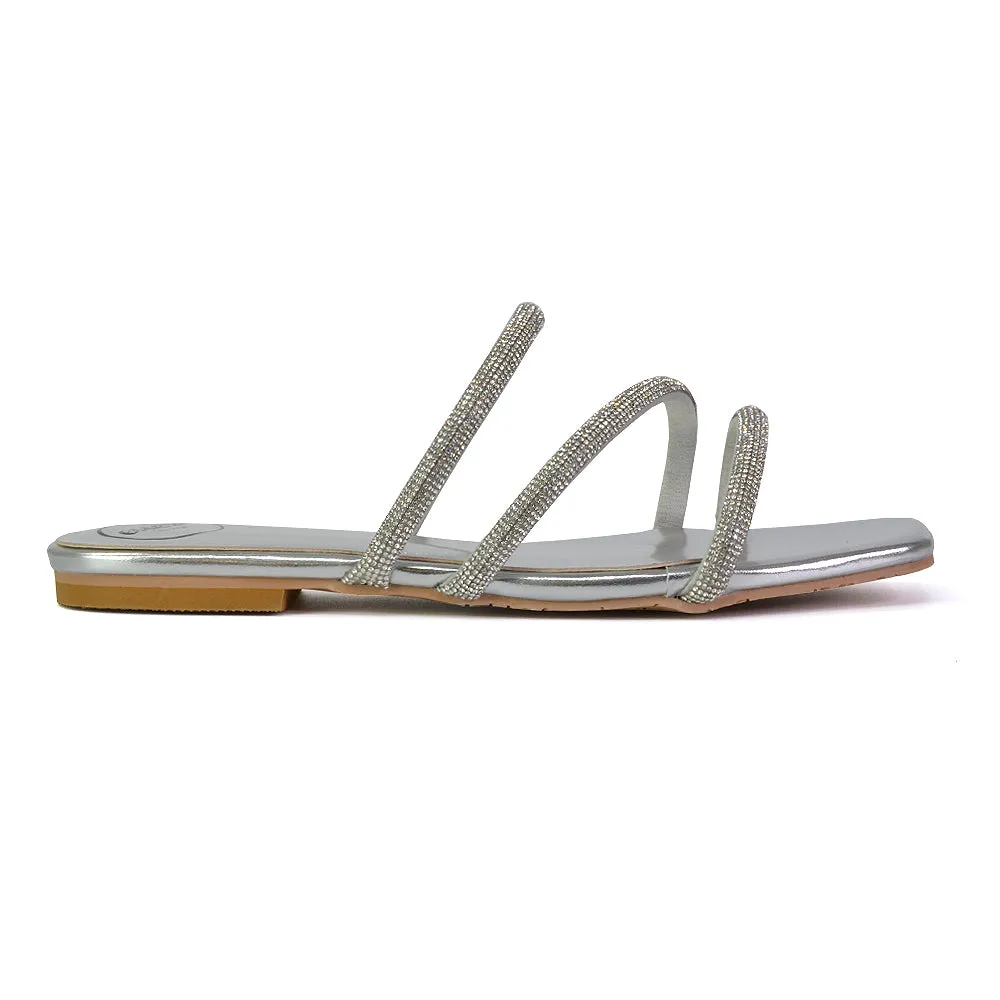 Santos Square Toe Strappy Slip On Crystal Gem Diamante Flat Sandals in Silver