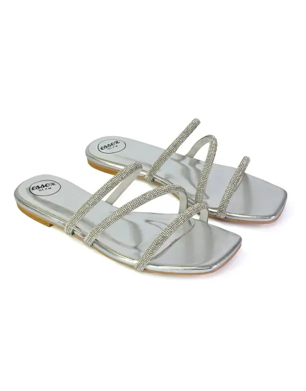 Santos Square Toe Strappy Slip On Crystal Gem Diamante Flat Sandals in Silver