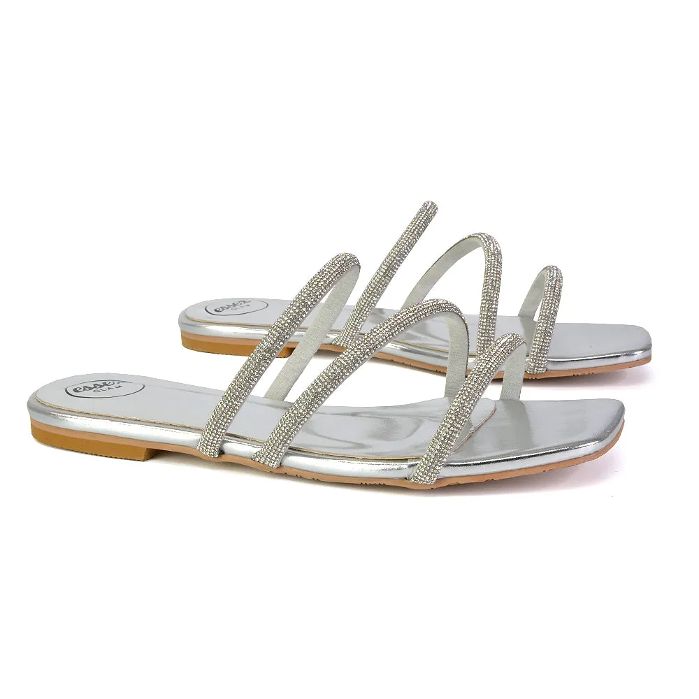 Santos Square Toe Strappy Slip On Crystal Gem Diamante Flat Sandals in Silver