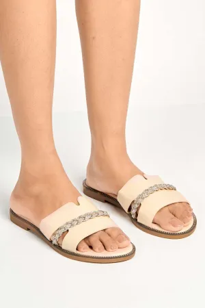 Shaz Diamante Embellished Sliders in Nude