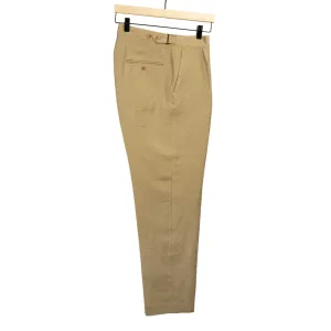 Side tab pleated trousers in camel color soft wool and linen oxford