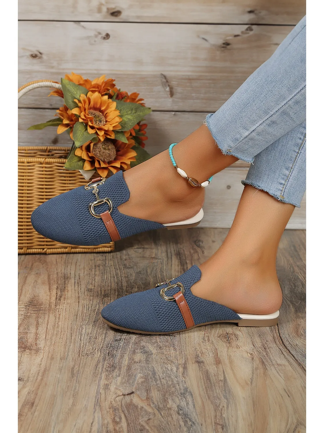 Sky Blue Leather Strap Buckle Decor Slip On Flats