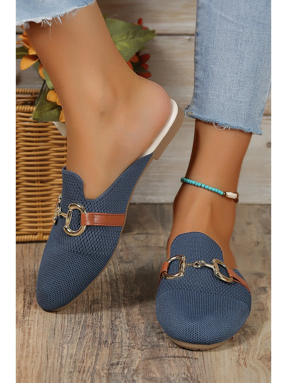 Sky Blue Leather Strap Buckle Decor Slip On Flats