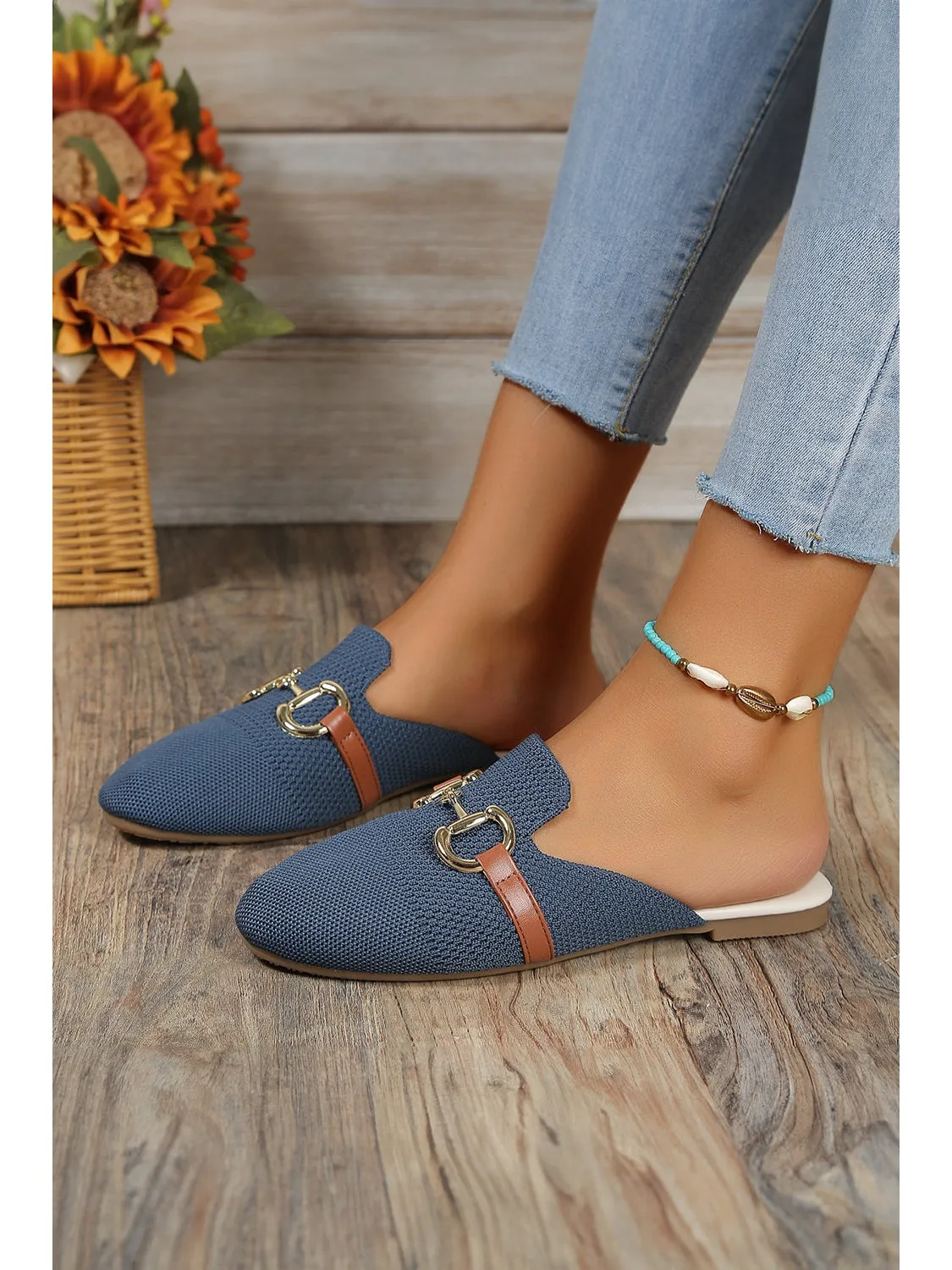 Sky Blue Leather Strap Buckle Decor Slip On Flats