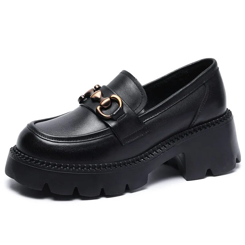 Spring Summer Minimalist Leather Chunky Heel Loafers