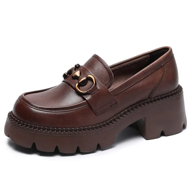 Spring Summer Minimalist Leather Chunky Heel Loafers