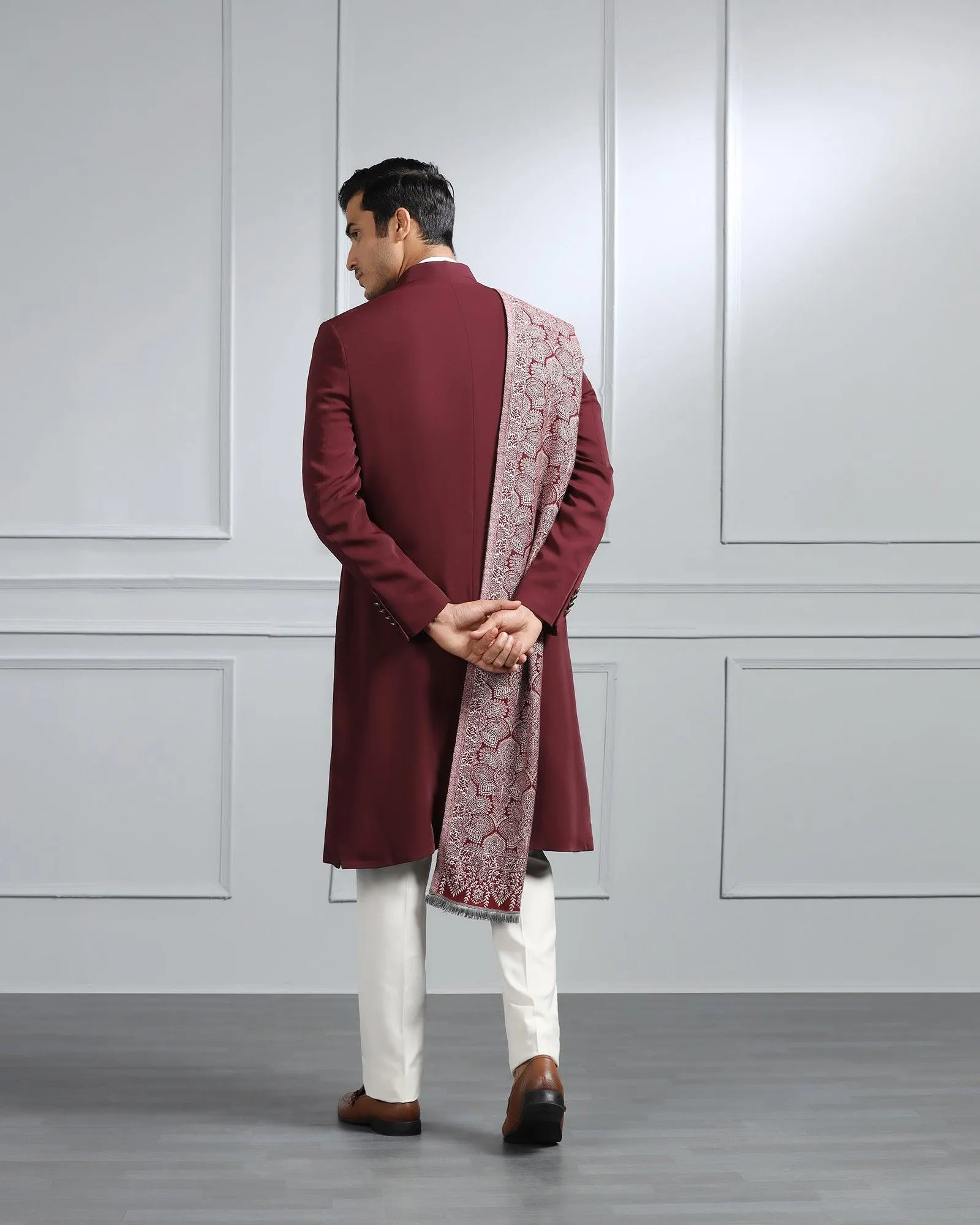 Swarn Two Piece Maroon Solid Achkan Set - Dagaris