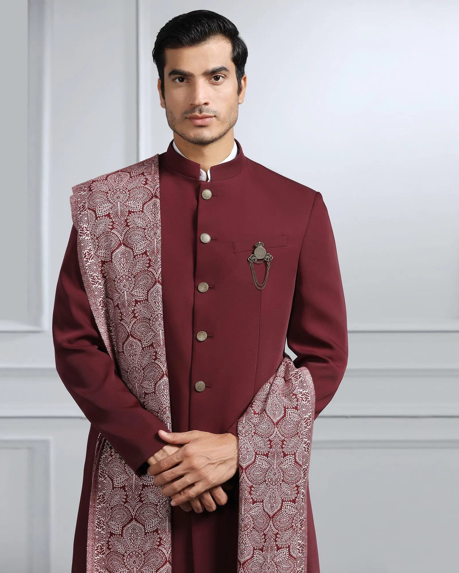 Swarn Two Piece Maroon Solid Achkan Set - Dagaris