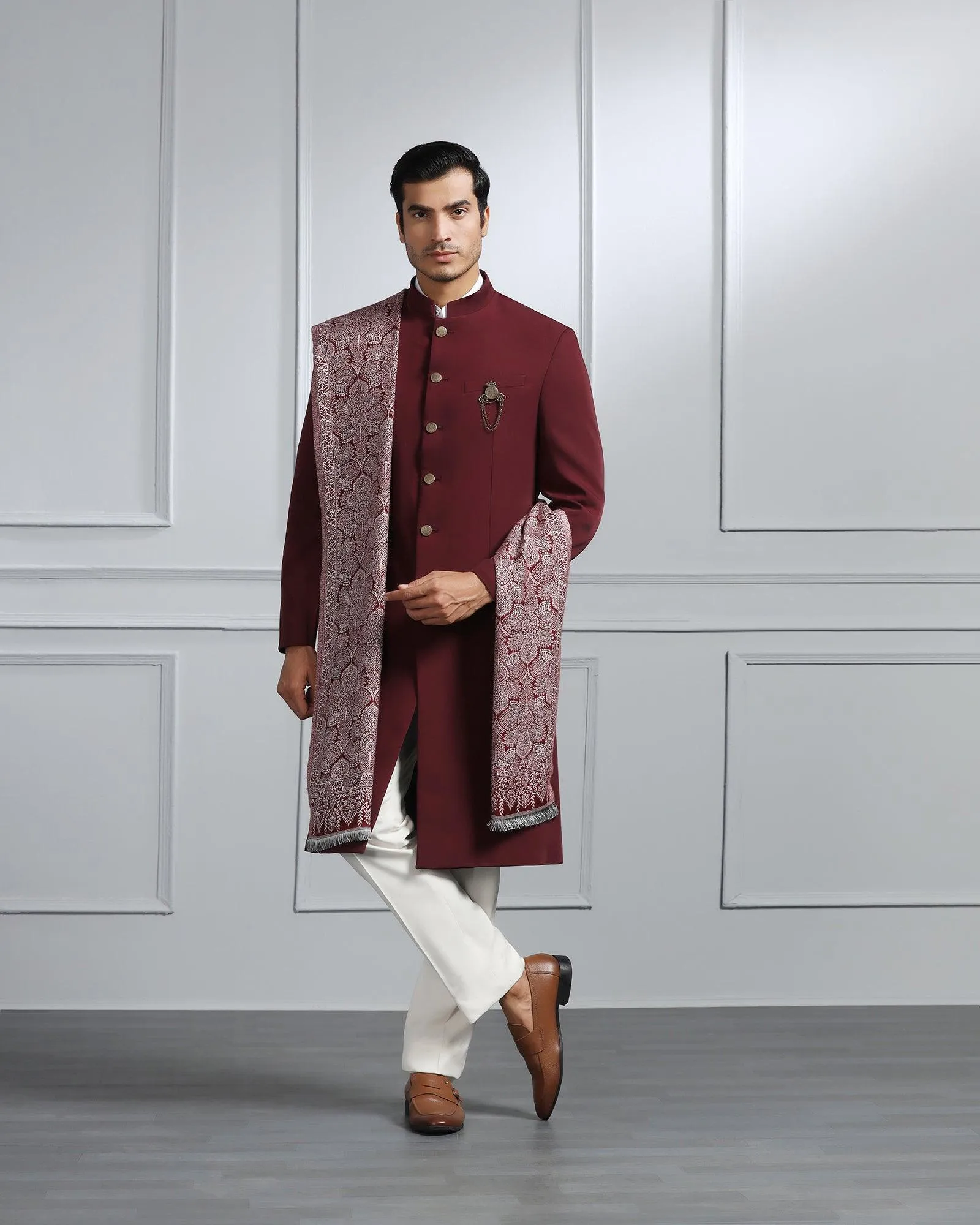 Swarn Two Piece Maroon Solid Achkan Set - Dagaris