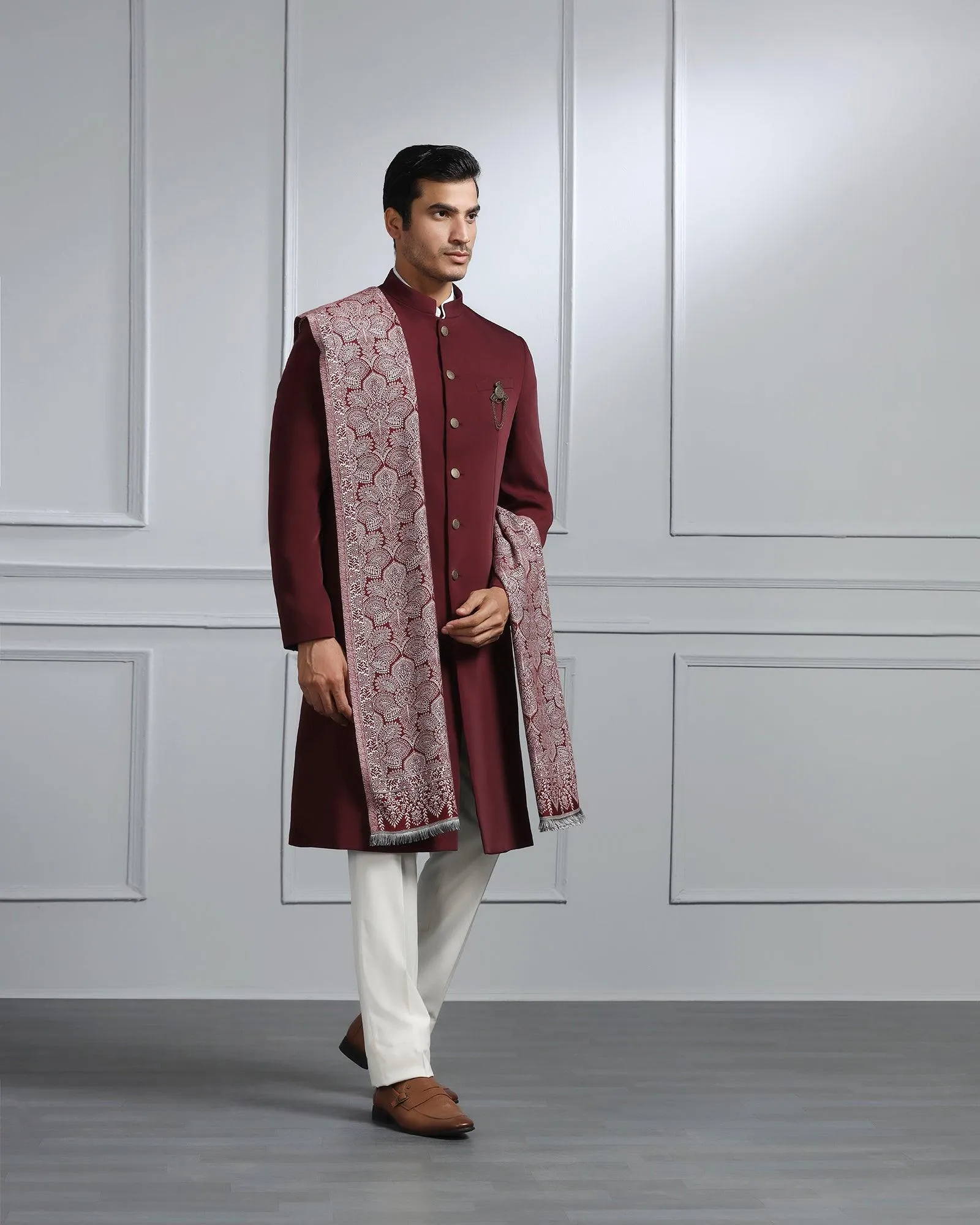 Swarn Two Piece Maroon Solid Achkan Set - Dagaris