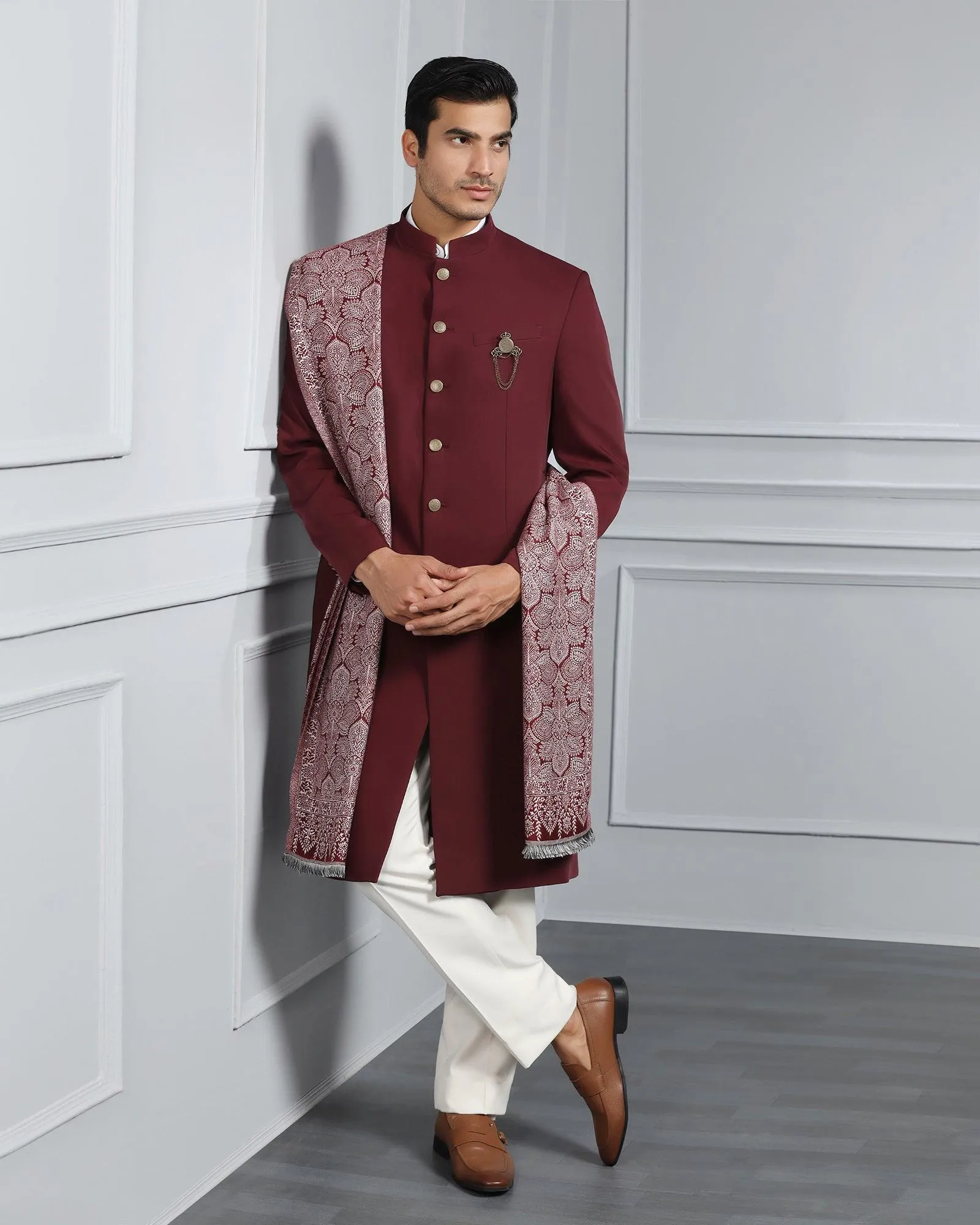 Swarn Two Piece Maroon Solid Achkan Set - Dagaris