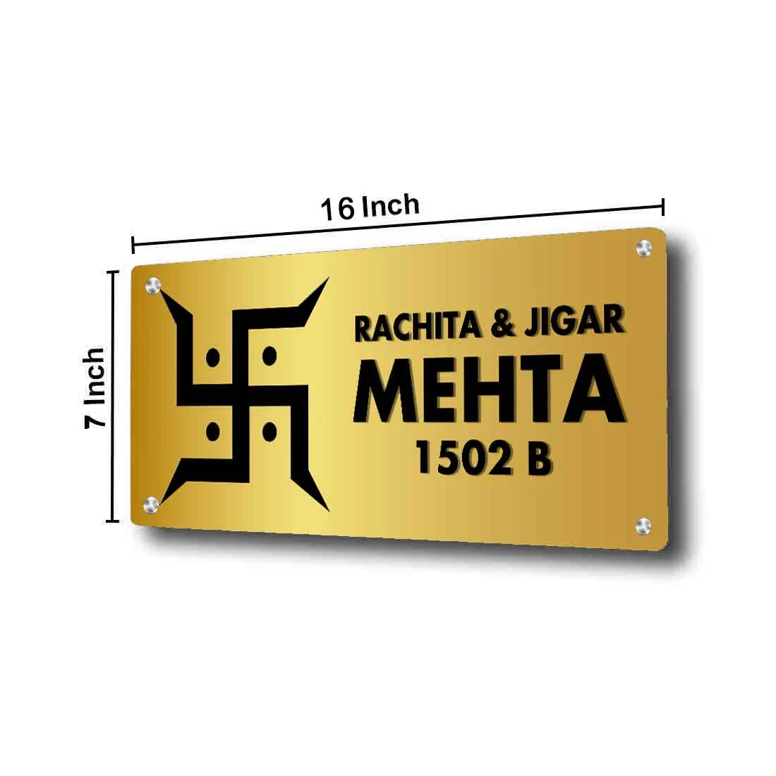 Swastik Name Plate Hindu NamePlates for Home Flats Bungalows - Beautiful Nameplates in White, Golden & Silver-16x7”