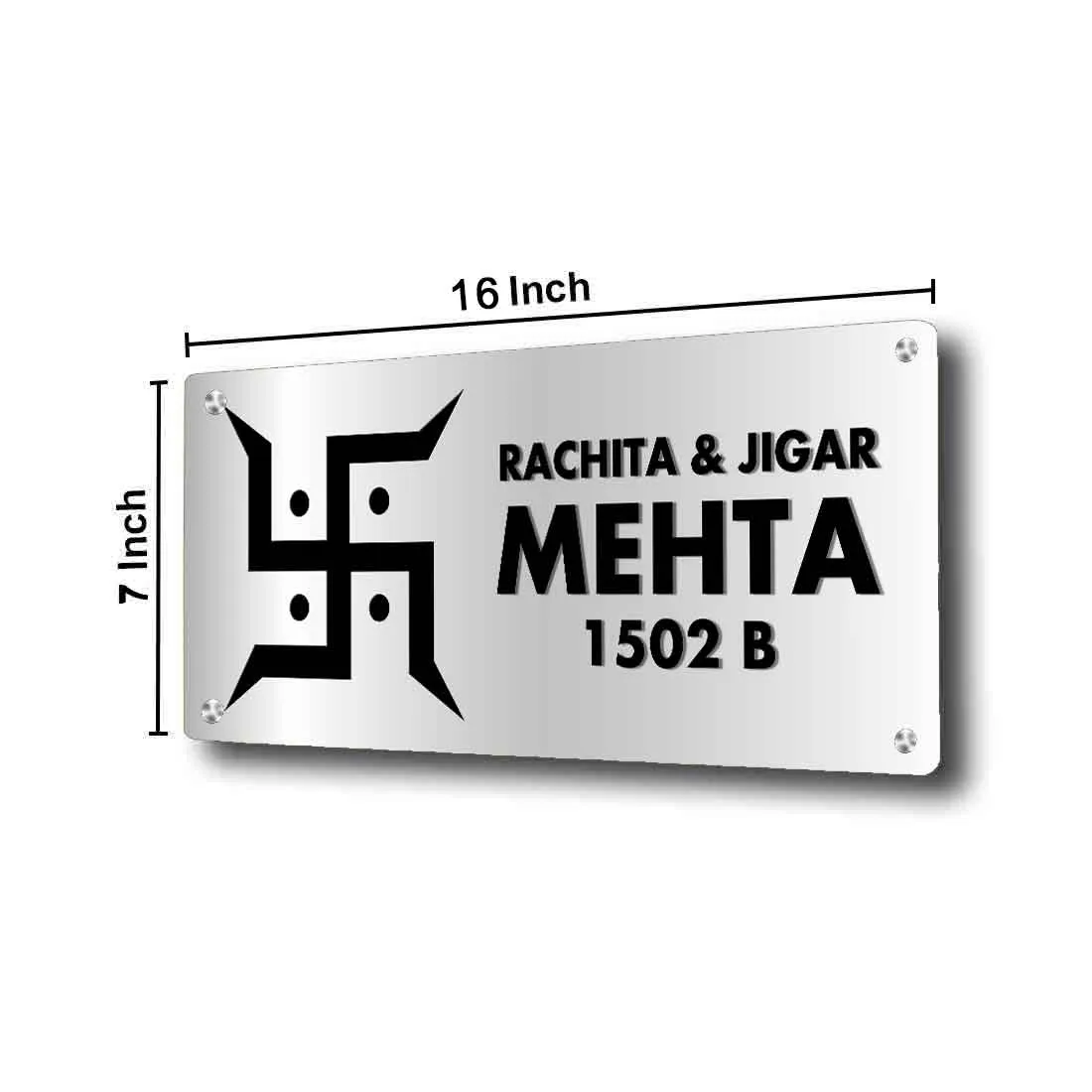 Swastik Name Plate Hindu NamePlates for Home Flats Bungalows - Beautiful Nameplates in White, Golden & Silver-16x7”