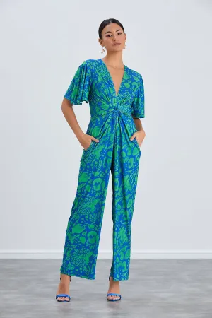 Tropical Green Angel Sleeve Maxi Jumpsuit with Twist Detail