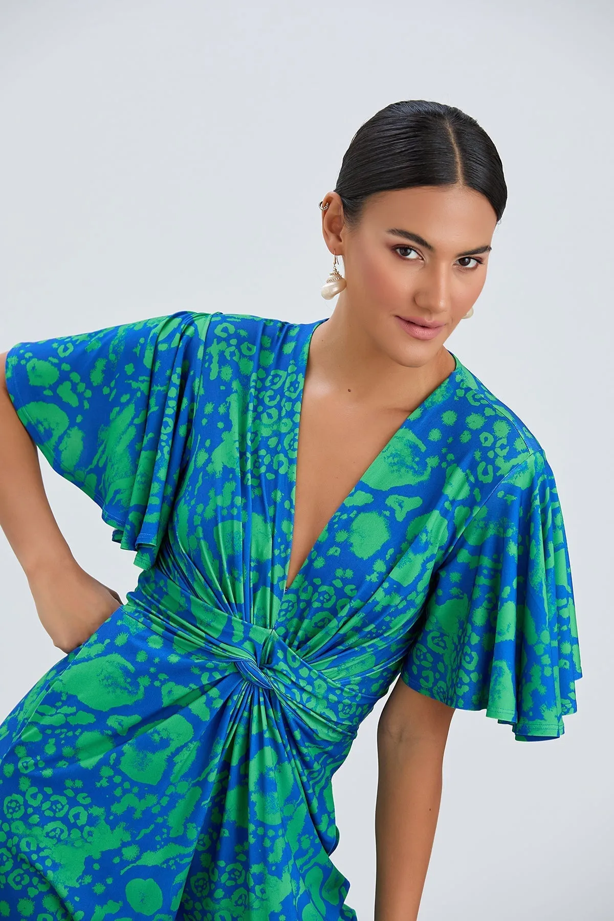 Tropical Green Angel Sleeve Maxi Jumpsuit with Twist Detail