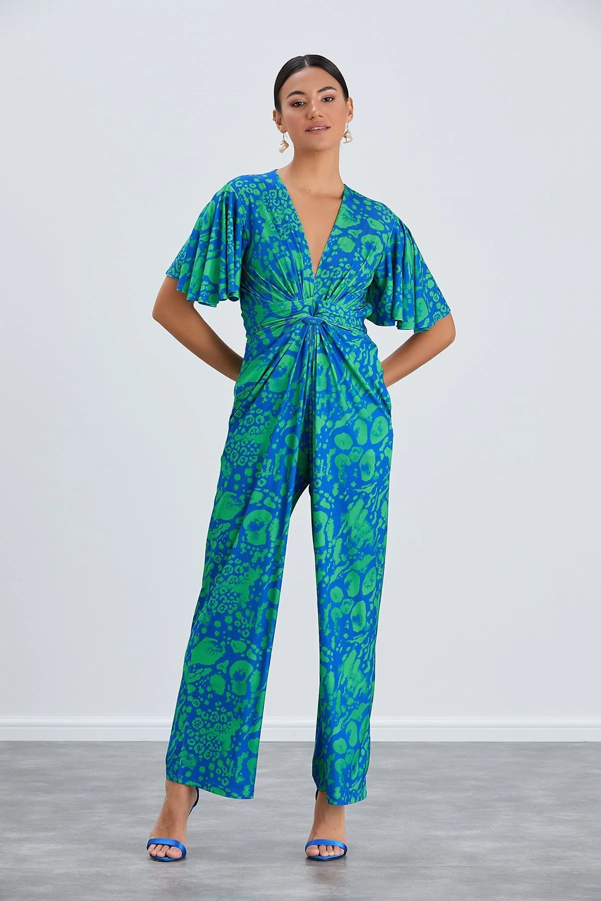 Tropical Green Angel Sleeve Maxi Jumpsuit with Twist Detail