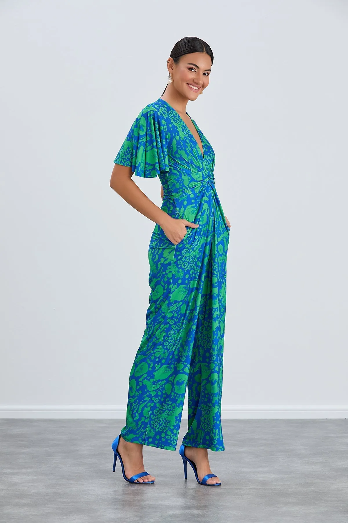 Tropical Green Angel Sleeve Maxi Jumpsuit with Twist Detail